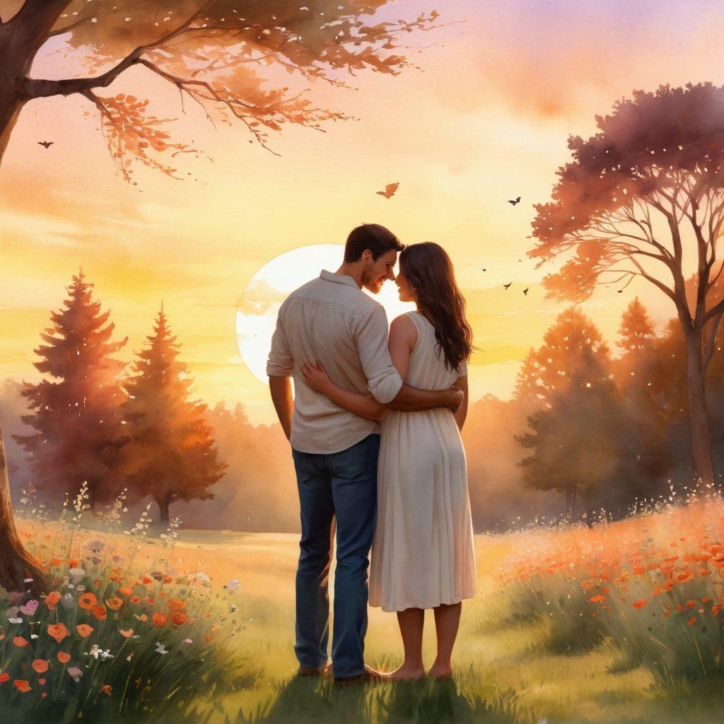 A gentle scene depicting a diverse family gathered in a warm embrace under a soft sunset, symbolizing reconnection and love. In the foreground, a father and child sharing a heartfelt moment, exchanging smiles, while other family members cheerfully interact in the background. Include elements of nature, such as trees and flowers, to represent growth and warmth, and a subtle heart motif hovering above the scene. watercolor style. warm tones. ethereal glow.