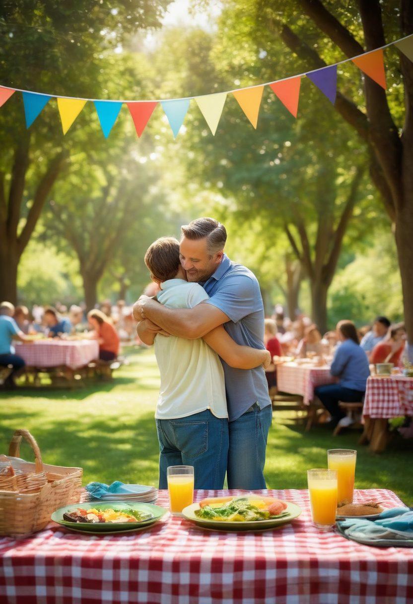 A heartwarming scene depicting a father and child embracing during a family reunion, surrounded by joyful relatives in a sunny park setting. The background features colorful banners and picnic tables filled with family dishes, evoking a lively atmosphere of connection and love. Add soft sunlight filtering through lush green trees, highlighting the emotional depth of their bond. Super-realistic. Vibrant colors. Natural light.